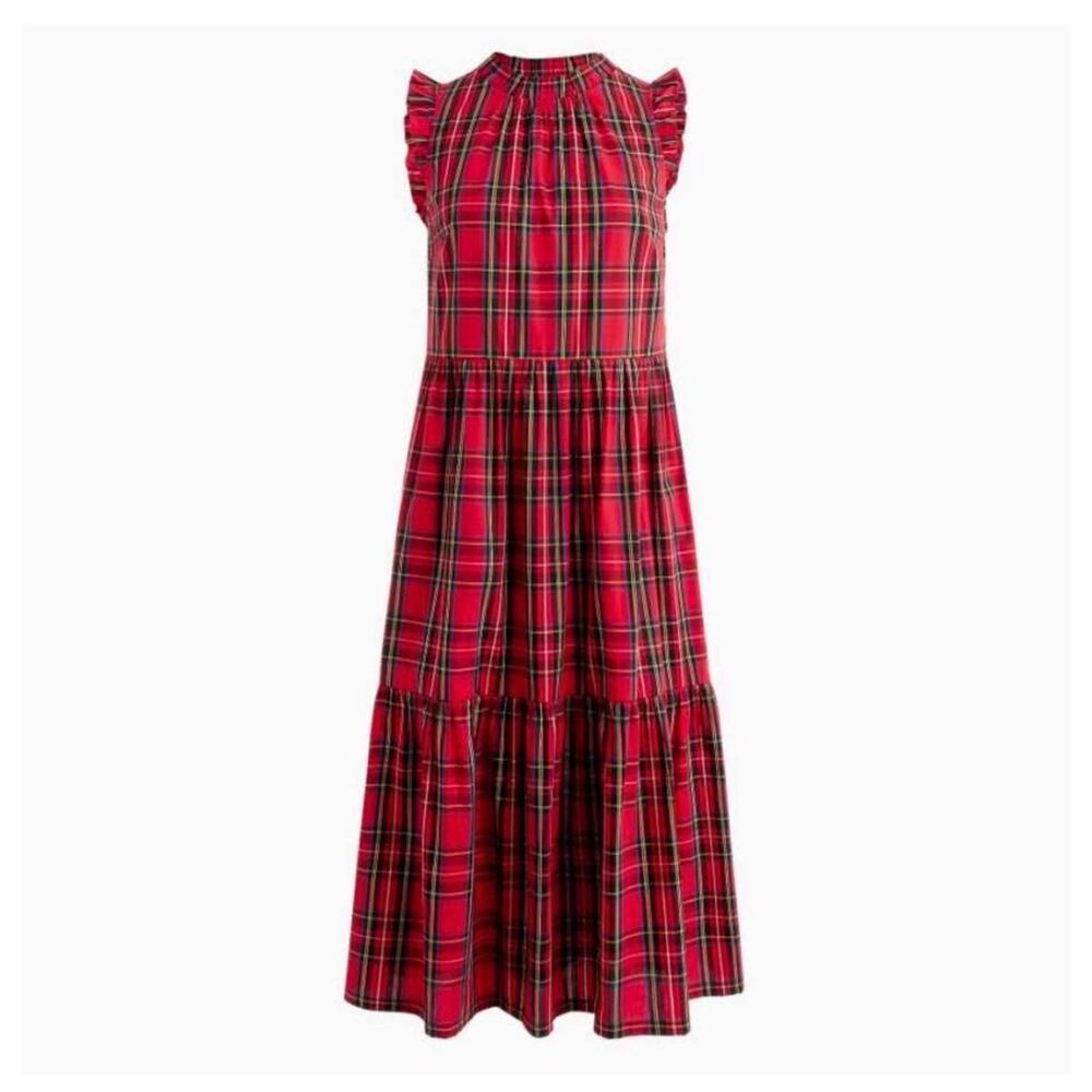 J. Crew Tartan Plaid Tiered Sleeveless Dress Size 20 Red Multicolor - Picture 4 of 10